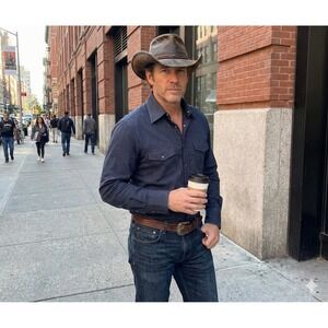 Kenneth Cole Mens Western Style Button Down Shirt Size Medium Pearl Snap Blue